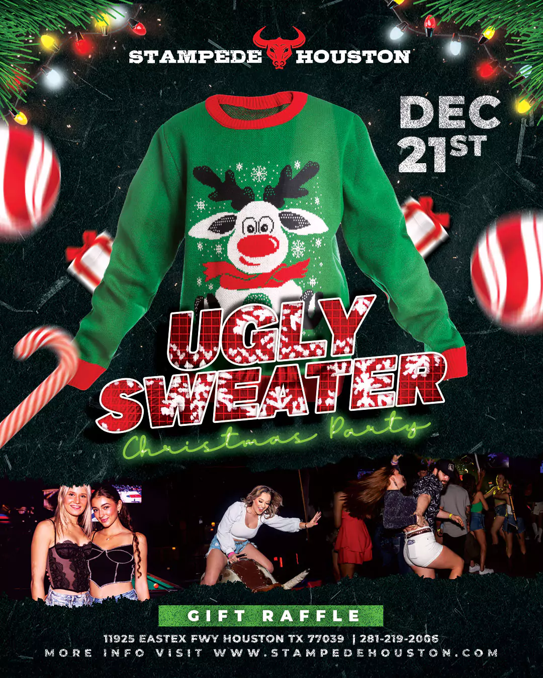 Join the Ugly Sweater Christmas Party at Stampede Houston on Saturday, Dec 21. Celebrate with music, dancing, and the best Saturday nightlife in Houston!